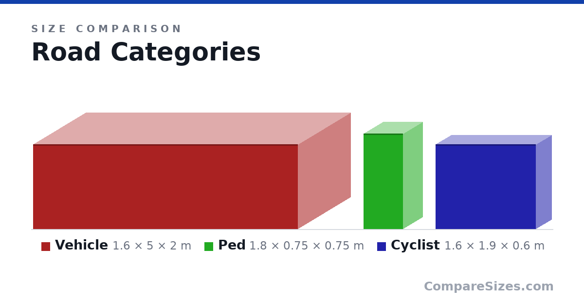 Size comparison of Vehicle (1.6 × 5 × 2 m), Ped (1.8 × 0.75 × 0.75 m) and Cyclist (1.6 × 1.9 × 0.6 m), drawn to scale