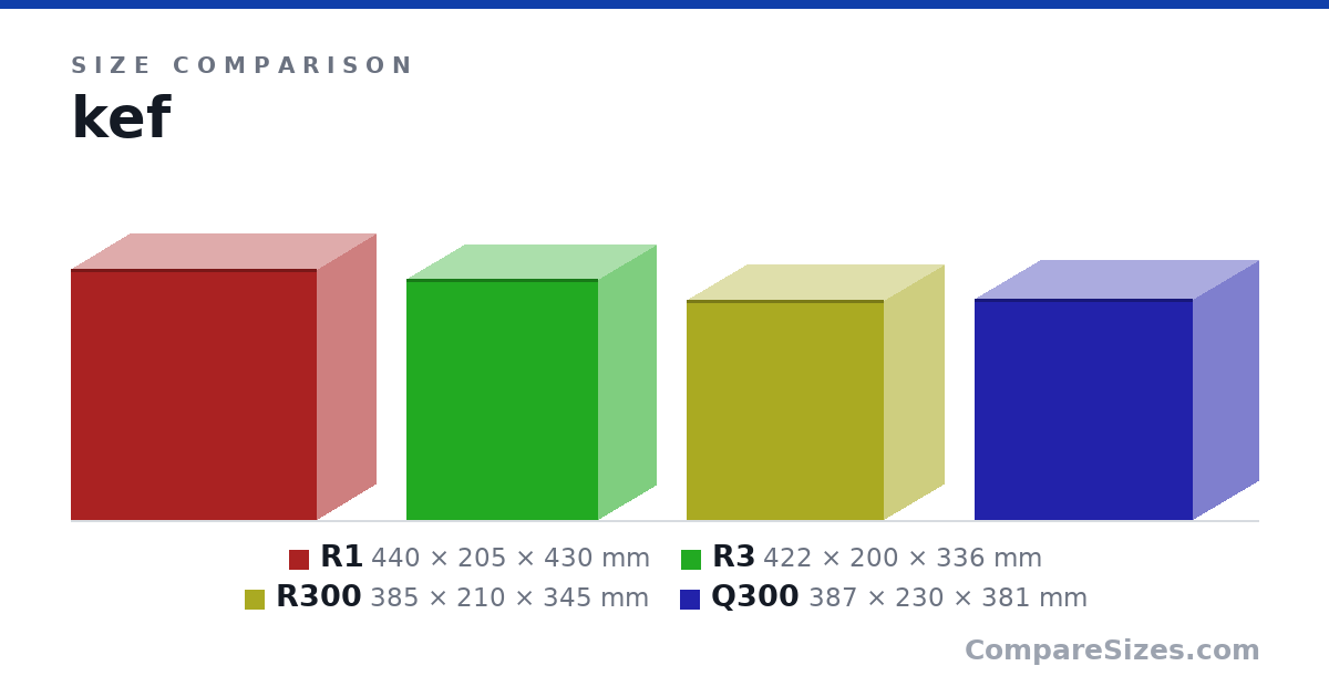 Size comparison of R1 (440 × 205 × 430 mm), R3 (422 × 200 × 336 mm), R300 (385 × 210 × 345 mm) and Q300 (387 × 230 × 381 mm), drawn to scale