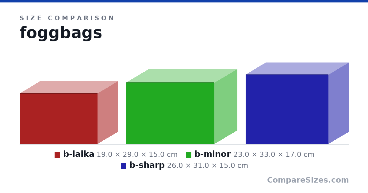 Size comparison of b-laika (19.0 × 29.0 × 15.0 cm), b-minor (23.0 × 33.0 × 17.0 cm) and b-sharp (26.0 × 31.0 × 15.0 cm), drawn to scale