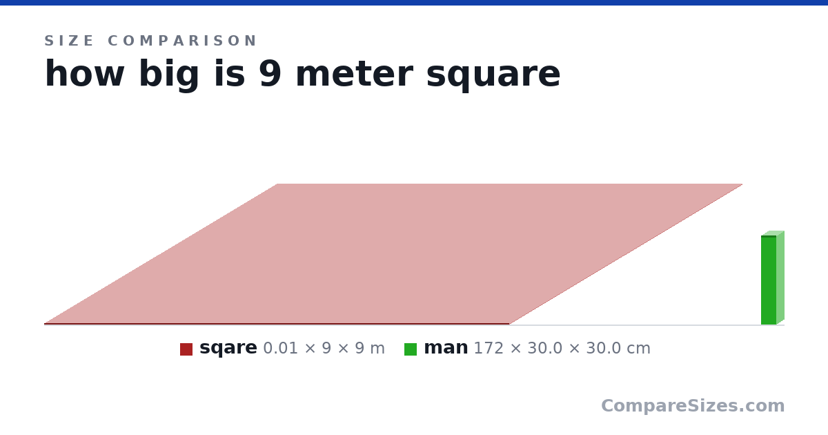 Size comparison of sqare (0.01 × 9 × 9 m) and man (172 × 30.0 × 30.0 cm), drawn to scale