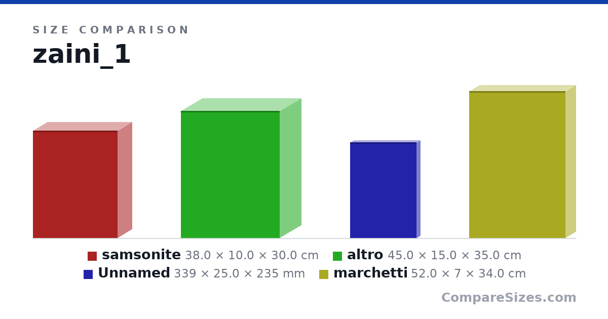 Size comparison of samsonite (38.0 × 10.0 × 30.0 cm), altro (45.0 × 15.0 × 35.0 cm), Item 3 (339 × 25.0 × 235 mm) and marchetti (52.0 × 7 × 34.0 cm), drawn to scale