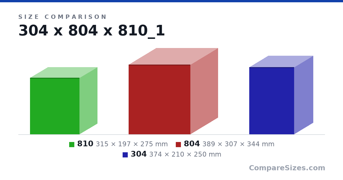 Size comparison of 810 (315 × 197 × 275 mm), 804 (389 × 307 × 344 mm) and 304 (374 × 210 × 250 mm), drawn to scale
