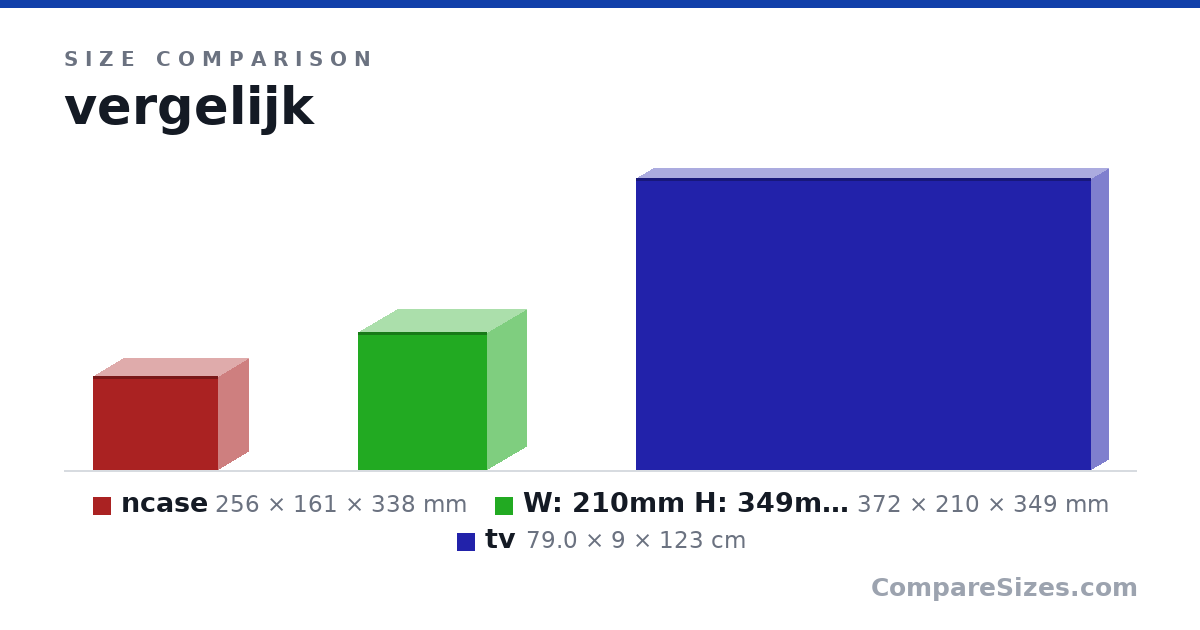 Size comparison of ncase (256 × 161 × 338 mm), W: 210mm H: 349mm D: 372mm (372 × 210 × 349 mm) and tv (79.0 × 9 × 123 cm), drawn to scale