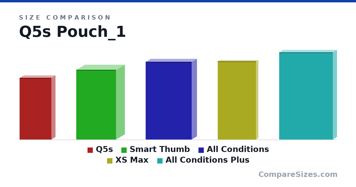 Size comparison of Q5s (124 × 16.0 × 64.0 mm), Smart Thumb (140 × 35.0 × 80.0 mm), All Conditions (156 × 20.0 × 92.0 mm), XS Max (157 × 8 × 77.0 mm) and All Conditions Plus (175 × 16.0 × 108 mm), drawn to scale
