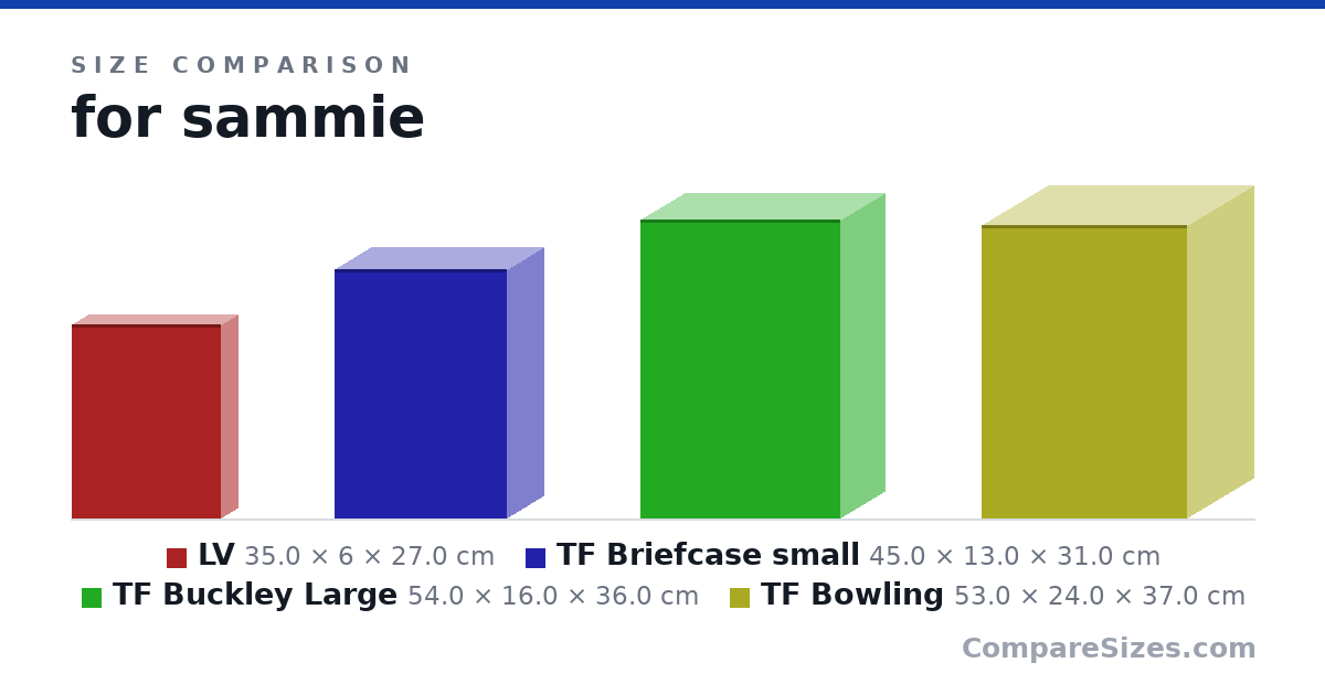 Size comparison of LV (35.0 × 6 × 27.0 cm), TF Briefcase small (45.0 × 13.0 × 31.0 cm), TF Buckley Large (54.0 × 16.0 × 36.0 cm) and TF Bowling (53.0 × 24.0 × 37.0 cm), drawn to scale