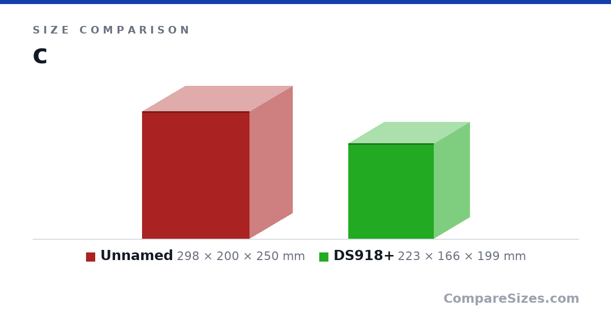 Size comparison of Item 1 (298 × 200 × 250 mm) and DS918+ (223 × 166 × 199 mm), drawn to scale