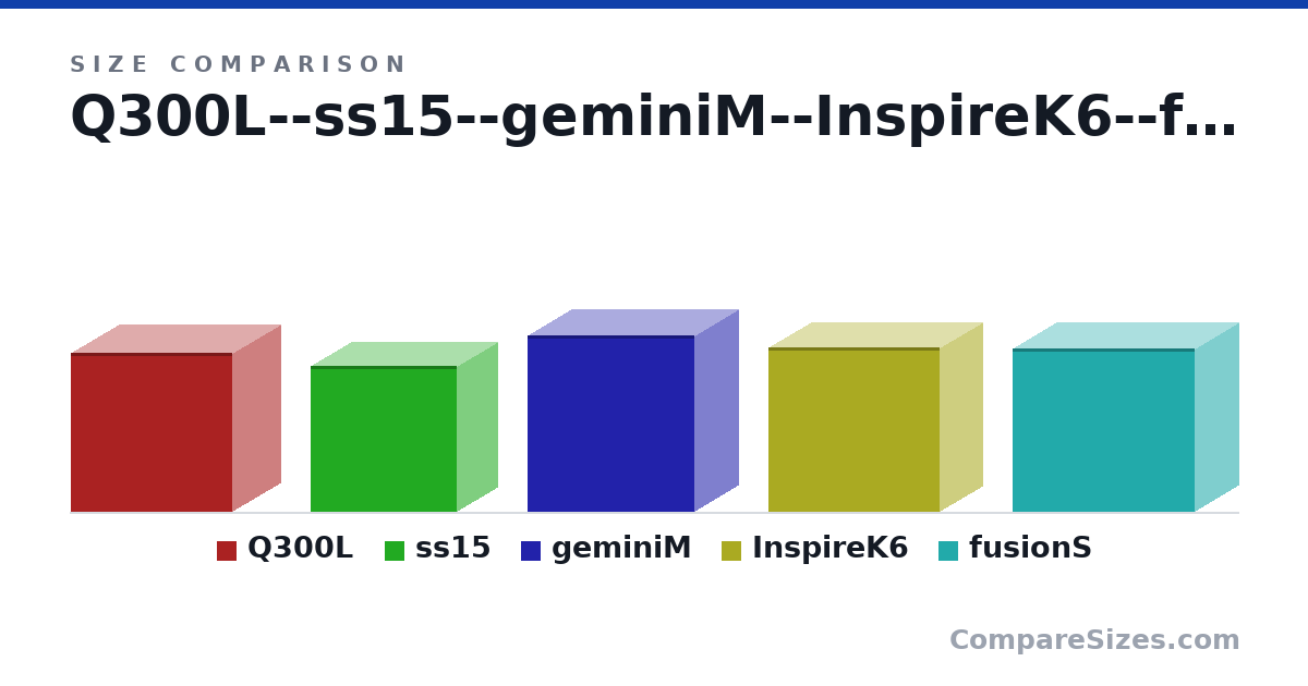 Size comparison of Q300L (381 × 387 × 230 mm), ss15 (351 × 351 × 192 mm), geminiM (423 × 400 × 210 mm), InspireK6 (395 × 410 × 202 mm) and fusionS (393 × 437 × 210 mm), drawn to scale
