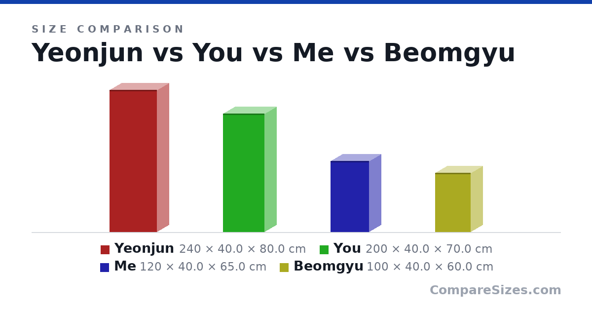Size comparison of Yeonjun (240 × 40.0 × 80.0 cm), You (200 × 40.0 × 70.0 cm), Me (120 × 40.0 × 65.0 cm) and Beomgyu (100 × 40.0 × 60.0 cm), drawn to scale