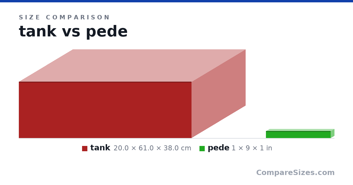 Size comparison of tank (20.0 × 61.0 × 38.0 cm) and pede (1 × 9 × 1 in), drawn to scale