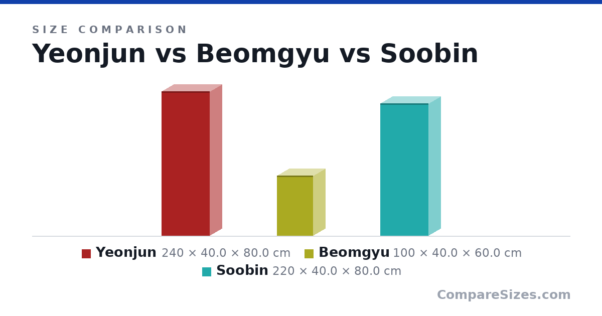 Size comparison of Yeonjun (240 × 40.0 × 80.0 cm), Beomgyu (100 × 40.0 × 60.0 cm) and Soobin (220 × 40.0 × 80.0 cm), drawn to scale