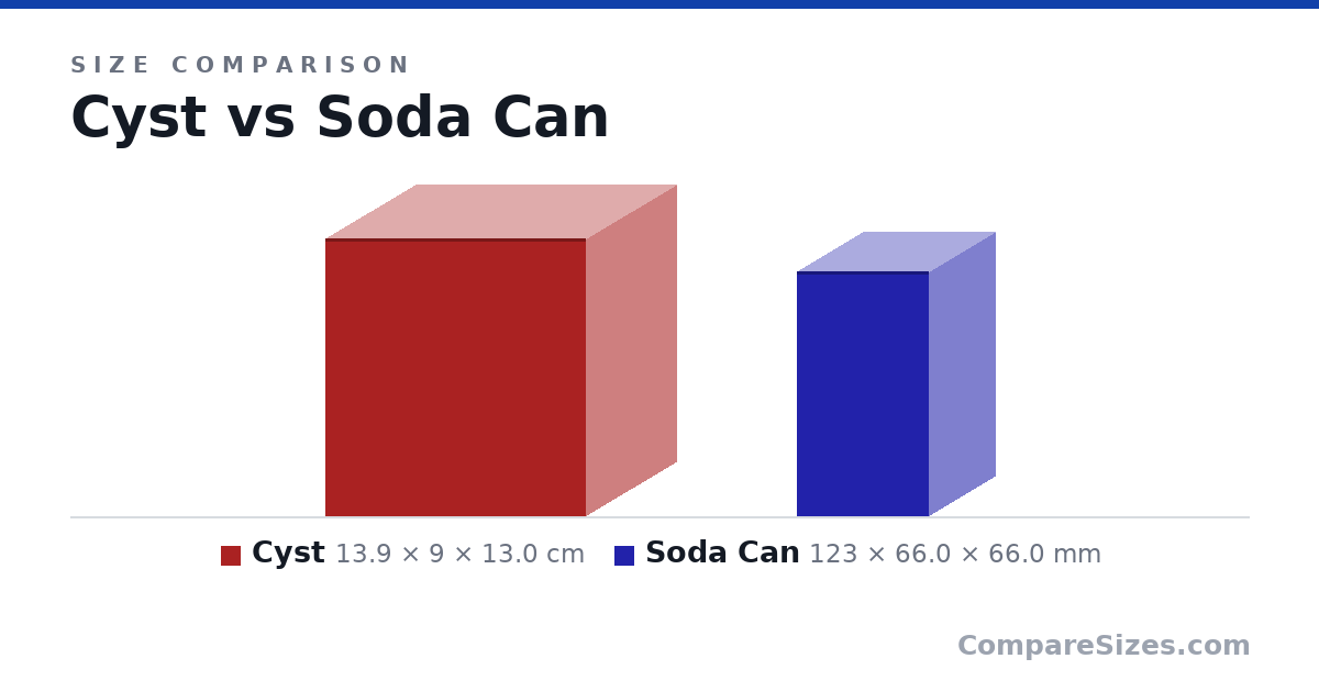 Size comparison of Cyst (13.9 × 9 × 13.0 cm) and Soda Can (123 × 66.0 × 66.0 mm), drawn to scale
