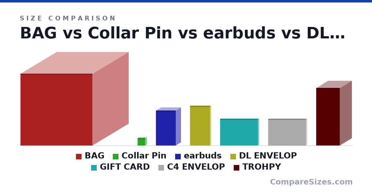 Size comparison of BAG (40.0 × 40.0 × 40.0 cm), Collar Pin (4.2 × 1.8 × 4.2 cm), earbuds (19.5 × 5.5 × 11.0 cm), DL ENVELOP (22.0 × 1 × 11.0 cm), GIFT CARD (14.8 × 1 × 21.0 cm), C4 ENVELOP (14.8 × 1 × 21.0 cm), and 1 more, drawn to scale