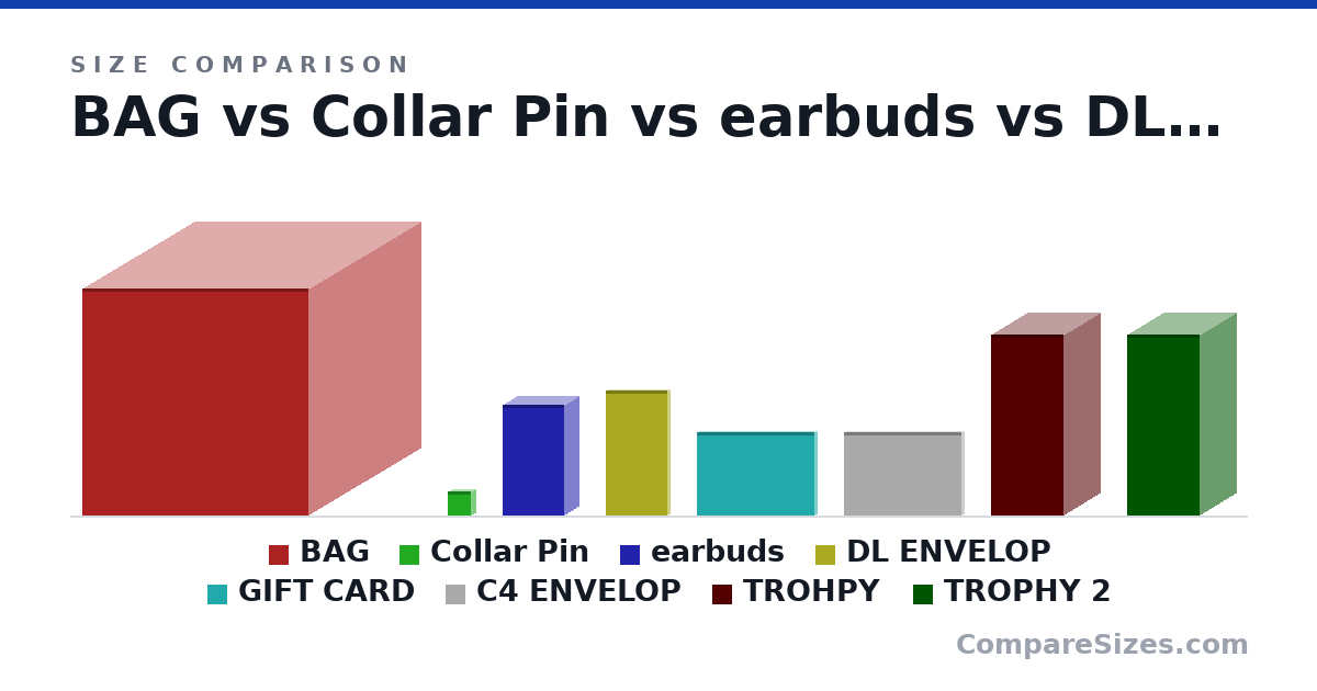 Size comparison of BAG (40.0 × 40.0 × 40.0 cm), Collar Pin (4.2 × 1.8 × 4.2 cm), earbuds (19.5 × 5.5 × 11.0 cm), DL ENVELOP (22.0 × 1 × 11.0 cm), GIFT CARD (14.8 × 1 × 21.0 cm), C4 ENVELOP (14.8 × 1 × 21.0 cm), and 2 more, drawn to scale
