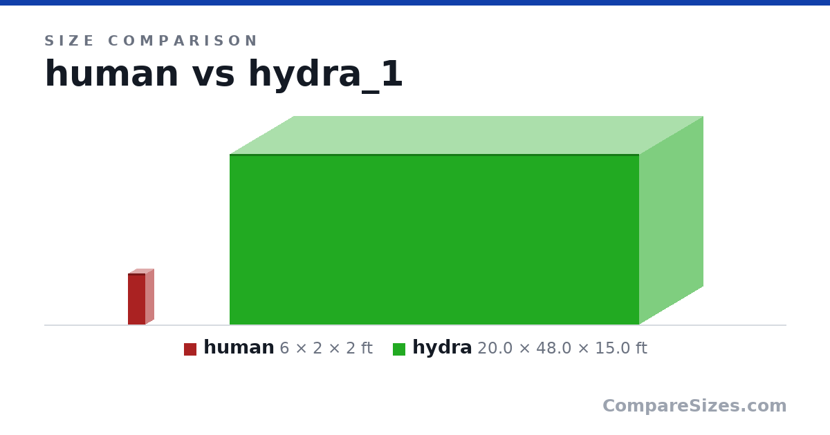 Size comparison of human (6 × 2 × 2 ft) and hydra (20.0 × 48.0 × 15.0 ft), drawn to scale