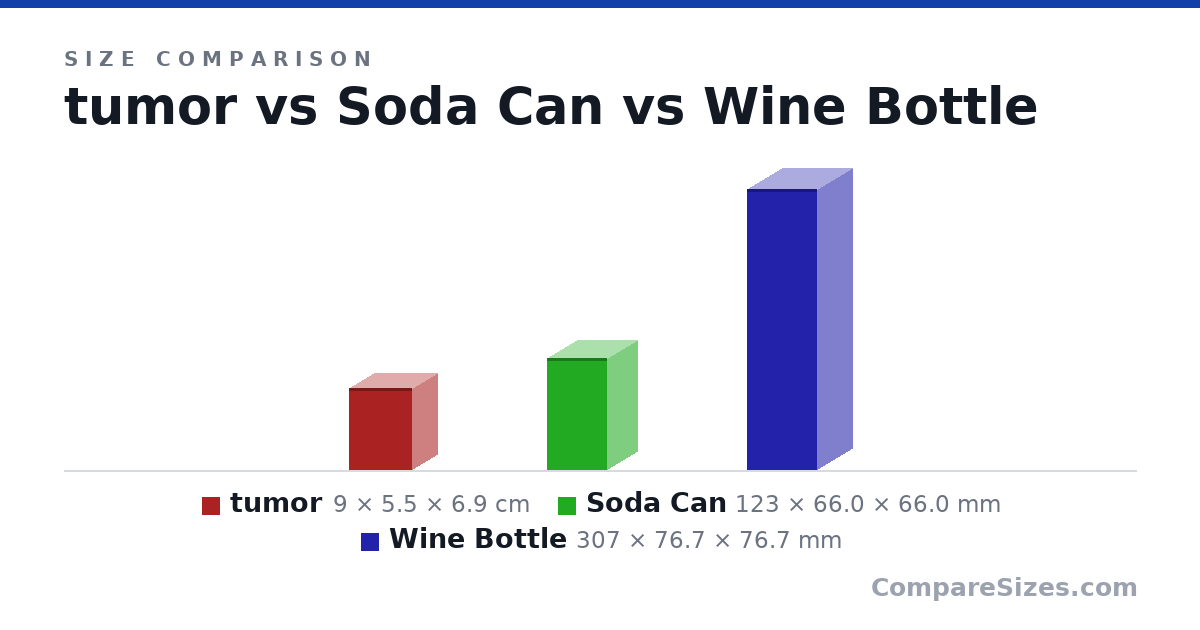 Size comparison of tumor (9 × 5.5 × 6.9 cm), Soda Can (123 × 66.0 × 66.0 mm) and Wine Bottle (307 × 76.7 × 76.7 mm), drawn to scale