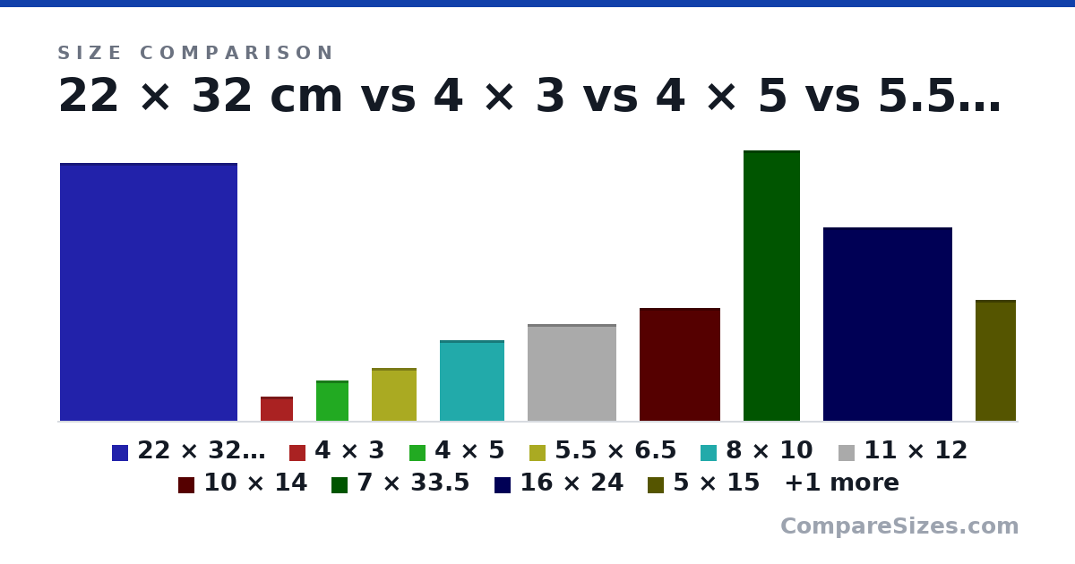 Size comparison of 22 × 32 cm (32.0 × 0 × 22.0 cm), 4 × 3 (3 × 0 × 4 cm), 4 × 5 (5 × 0 × 4 cm), 5.5 × 6.5 (6.5 × 0 × 5.5 cm), 8 × 10 (10.0 × 0 × 8 cm), 11 × 12 (12.0 × 0 × 11.0 cm), and 5 more, drawn to scale