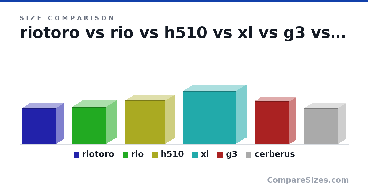 Size comparison of riotoro (380 × 172 × 358 mm), rio (394 × 230 × 360 mm), h510 (460 × 210 × 428 mm), xl (560 × 232 × 559 mm), g3 (454 × 140 × 371 mm) and cerberus (380 × 172 × 358 mm), drawn to scale