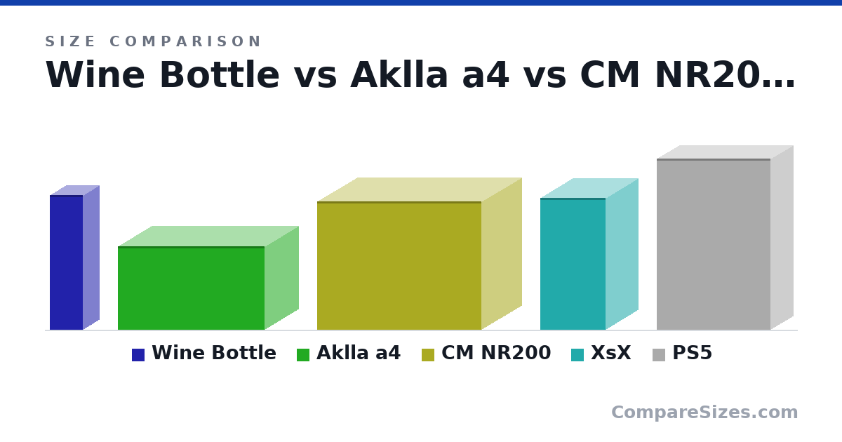 Size comparison of Wine Bottle (307 × 76.7 × 76.7 mm), Aklla a4 (190 × 155 × 335 mm), CM NR200 (292 × 185 × 376 mm), XsX (300 × 150 × 150 mm) and PS5 (390 × 104 × 260 mm), drawn to scale