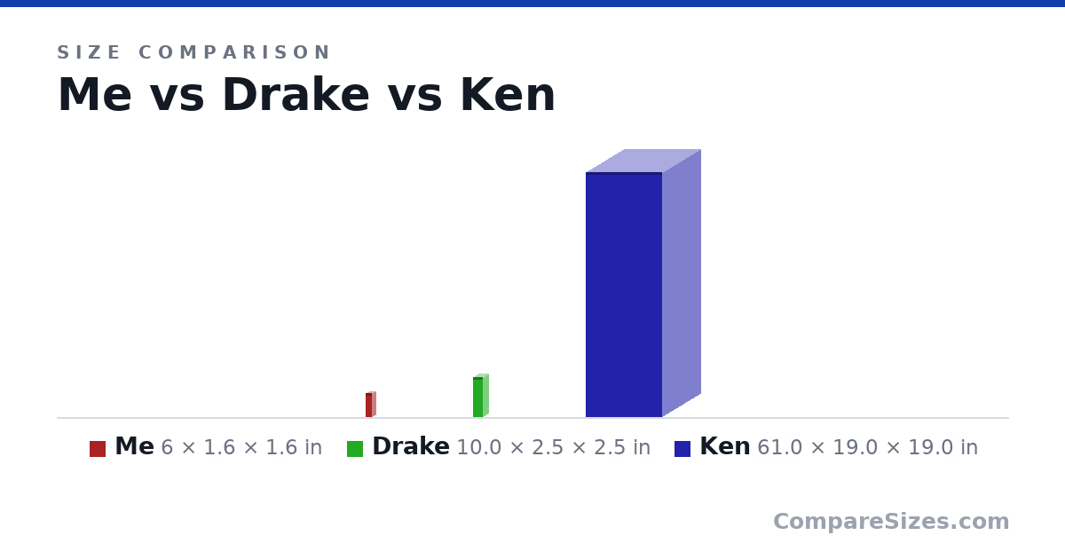 Size comparison of Me (6 × 1.6 × 1.6 in), Drake (10.0 × 2.5 × 2.5 in) and Ken (61.0 × 19.0 × 19.0 in), drawn to scale
