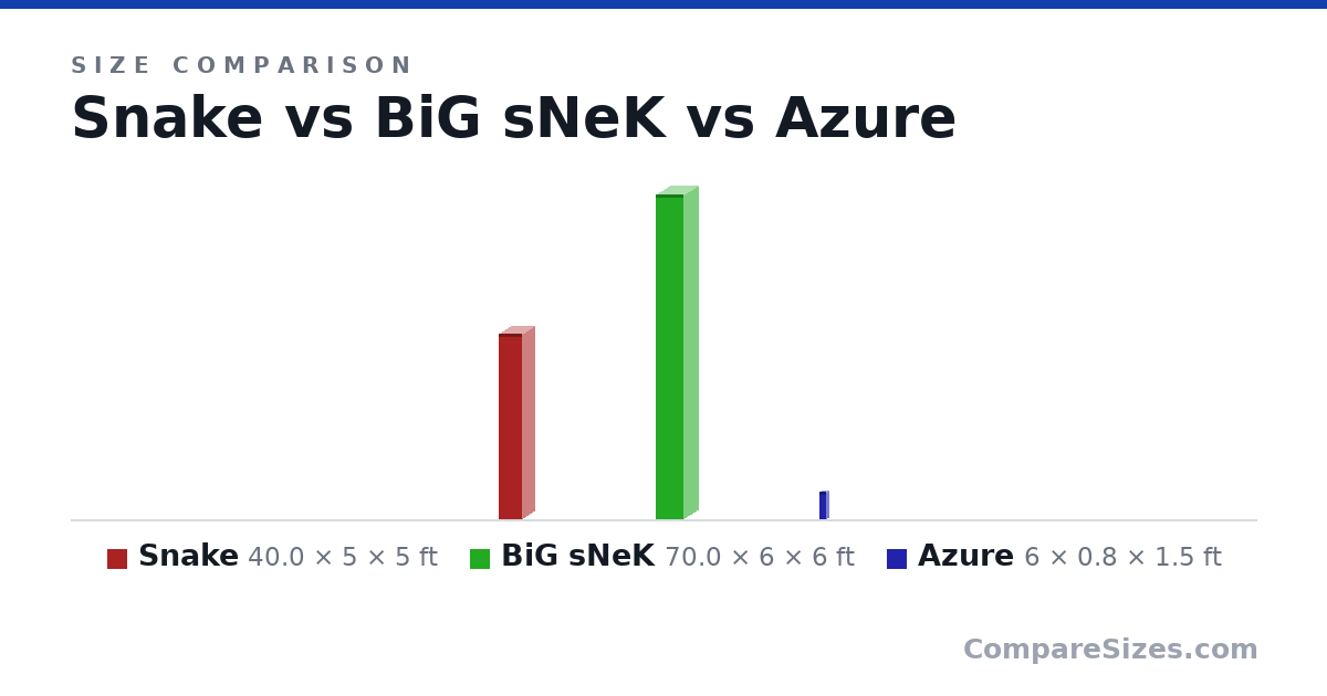 Size comparison of Snake (40.0 × 5 × 5 ft), BiG sNeK (70.0 × 6 × 6 ft) and Azure (6 × 0.8 × 1.5 ft), drawn to scale