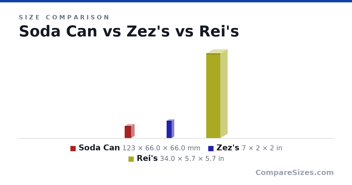 Size comparison of Soda Can (123 × 66.0 × 66.0 mm), Zez's (7 × 2 × 2 in) and Rei's (34.0 × 5.7 × 5.7 in), drawn to scale