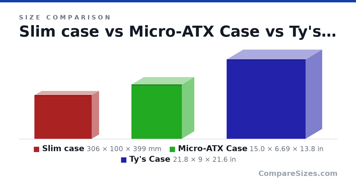 Size comparison of Slim case (306 × 100 × 399 mm), Micro-ATX Case (15.0 × 6.69 × 13.8 in) and Ty's Case (21.8 × 9 × 21.6 in), drawn to scale