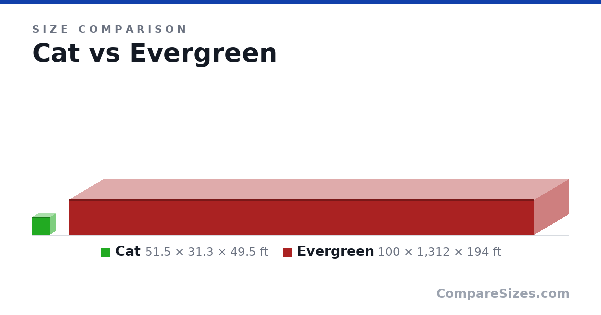 Size comparison of Cat (51.5 × 31.3 × 49.5 ft) and Evergreen (100 × 1,312 × 194 ft), drawn to scale