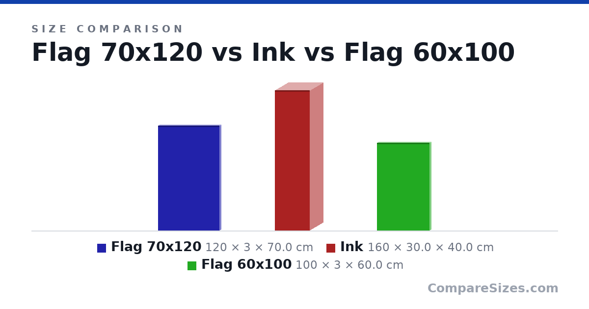 Size comparison of Flag 70x120 (120 × 3 × 70.0 cm), Ink (160 × 30.0 × 40.0 cm) and Flag 60x100 (100 × 3 × 60.0 cm), drawn to scale
