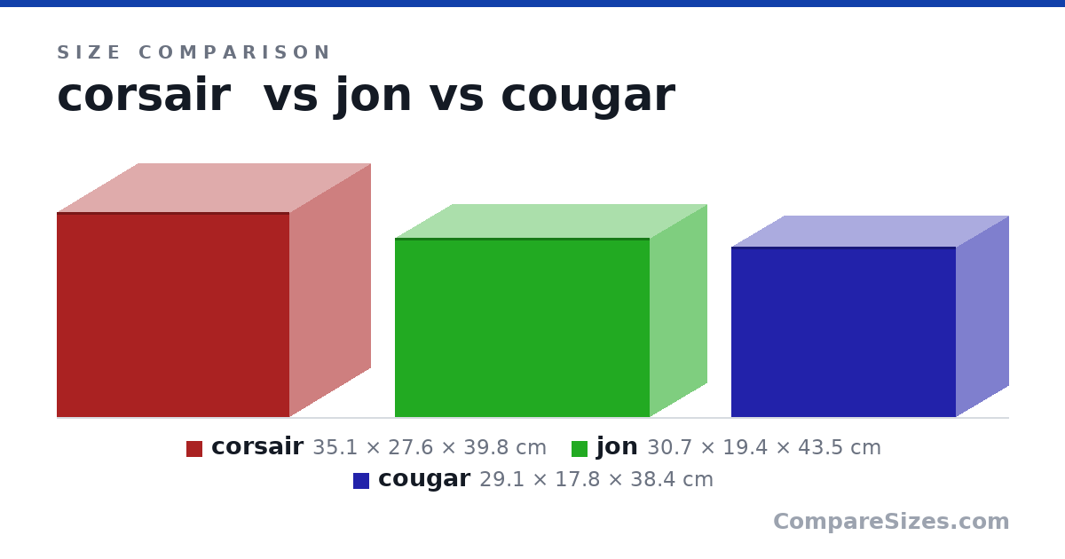 Size comparison of corsair (35.1 × 27.6 × 39.8 cm), jon (30.7 × 19.4 × 43.5 cm) and cougar (29.1 × 17.8 × 38.4 cm), drawn to scale