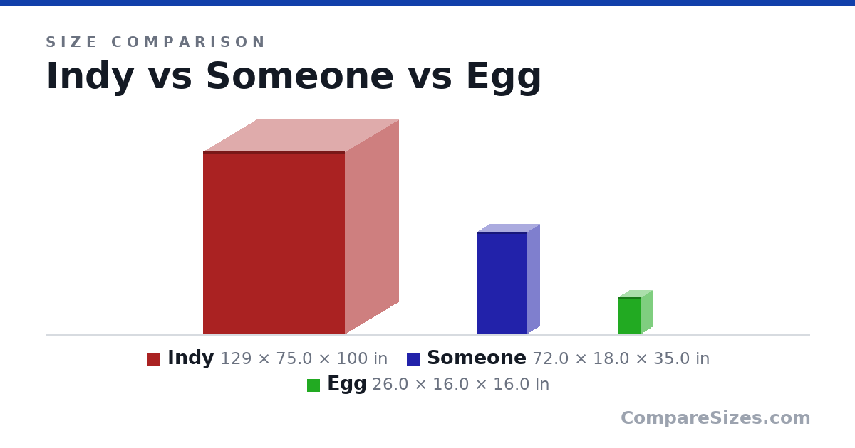 Size comparison of Indy (129 × 75.0 × 100 in), Someone (72.0 × 18.0 × 35.0 in) and Egg (26.0 × 16.0 × 16.0 in), drawn to scale