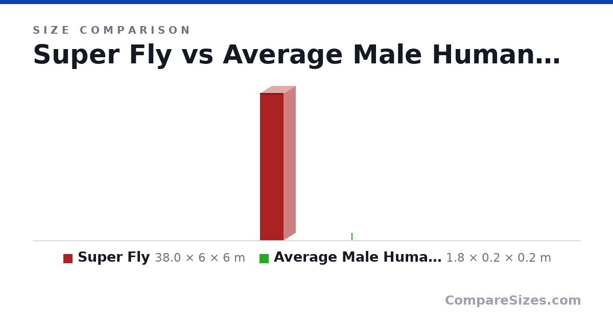 Size comparison of Super Fly (38.0 × 6 × 6 m) and Average Male Human Being (1.8 × 0.2 × 0.2 m), drawn to scale