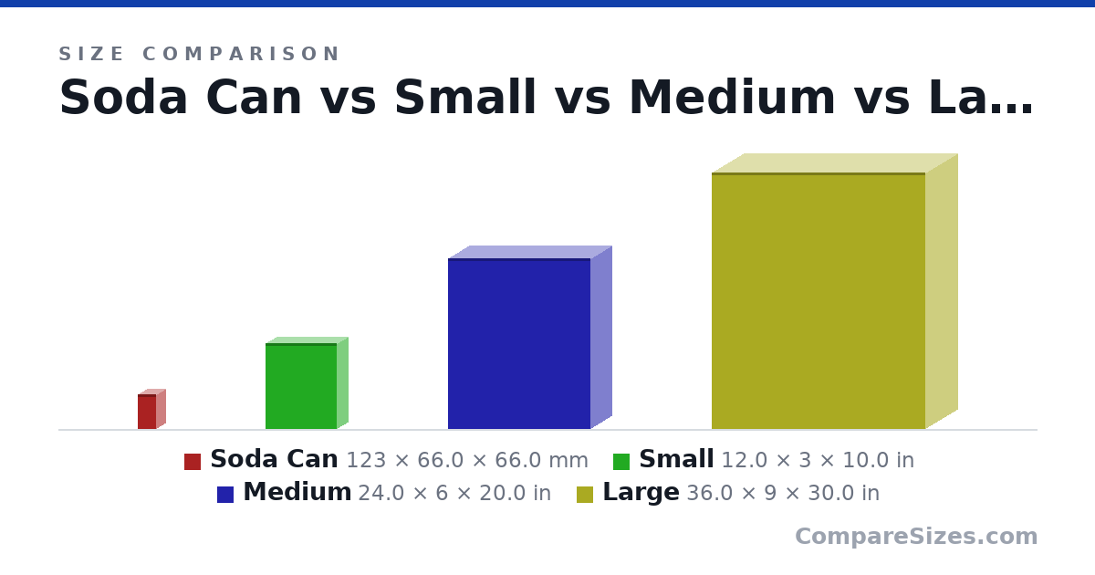 Size comparison of Soda Can (123 × 66.0 × 66.0 mm), Small (12.0 × 3 × 10.0 in), Medium (24.0 × 6 × 20.0 in) and Large (36.0 × 9 × 30.0 in), drawn to scale