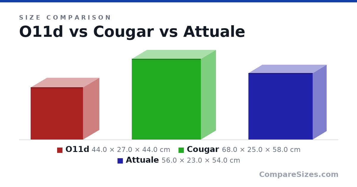 Size comparison of O11d (44.0 × 27.0 × 44.0 cm), Cougar (68.0 × 25.0 × 58.0 cm) and Attuale (56.0 × 23.0 × 54.0 cm), drawn to scale