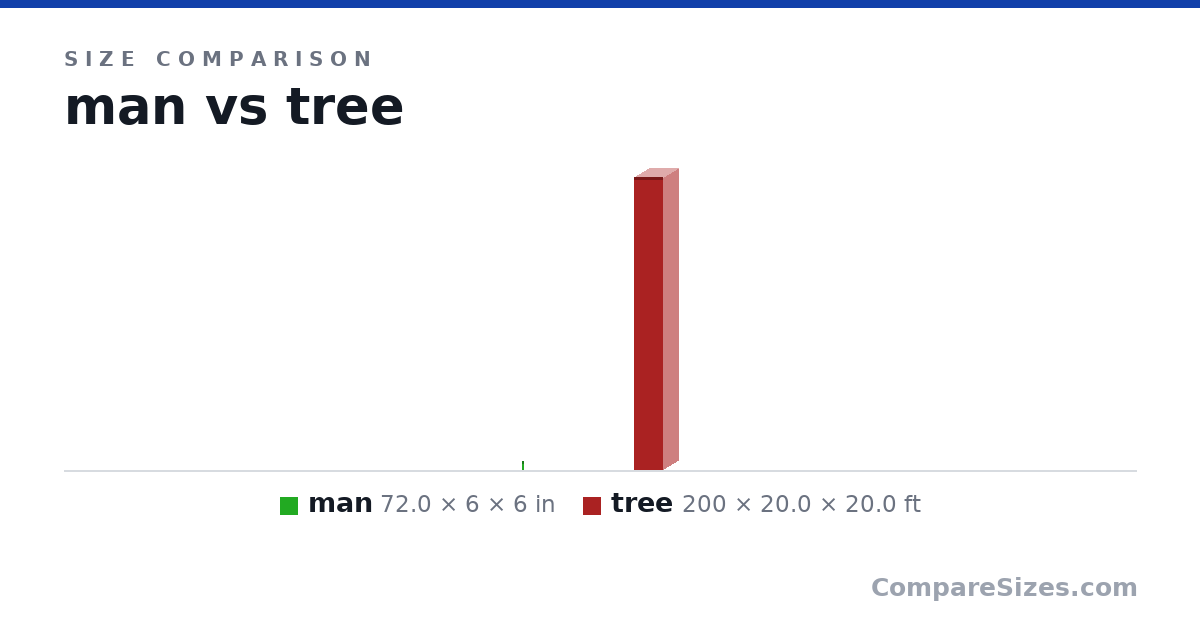 Size comparison of man (72.0 × 6 × 6 in) and tree (200 × 20.0 × 20.0 ft), drawn to scale