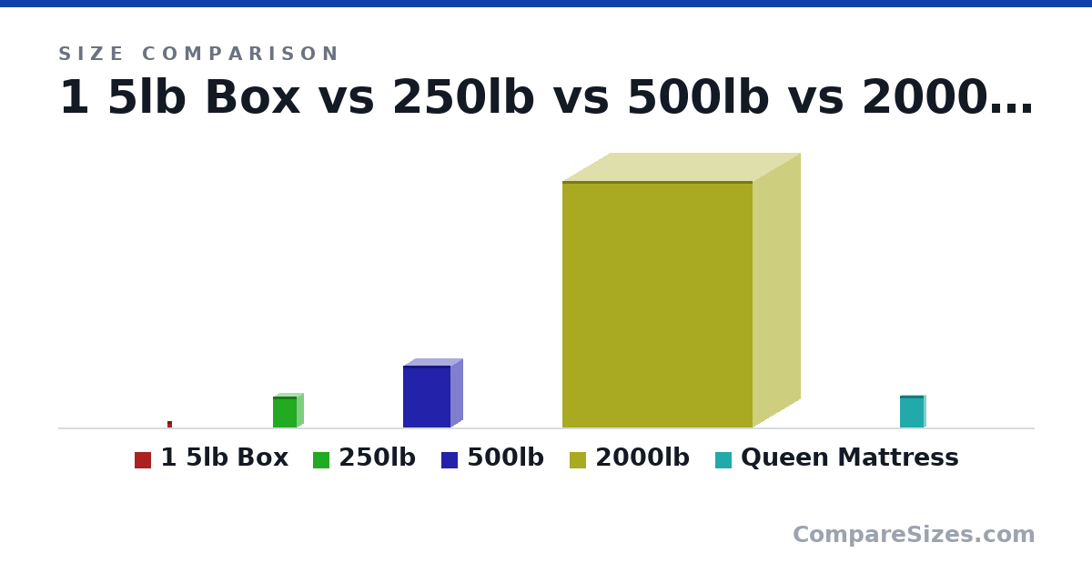 Size comparison of 1 5lb Box (15.5 × 6 × 12.0 in), 250lb (77.5 × 30.0 × 60.0 in), 500lb (155 × 60.0 × 120 in), 2000lb (620 × 240 × 480 in) and Queen Mattress (2,032 × 254 × 1,524 mm), drawn to scale