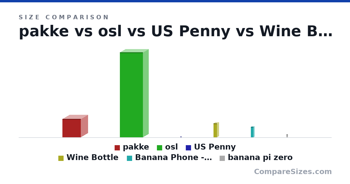 Size comparison of pakke (40.0 × 30.0 × 40.0 cm), osl (185 × 24.0 × 50.0 cm), US Penny (19.1 × 1.75 × 19.1 mm), Wine Bottle (307 × 76.7 × 76.7 mm), Banana Phone - Worlds First Banana Shaped Wireless.. (9.06 × 1.38 × 2.17 in) and banana pi zero (65.0 × 1 × 30.0 mm), drawn to scale
