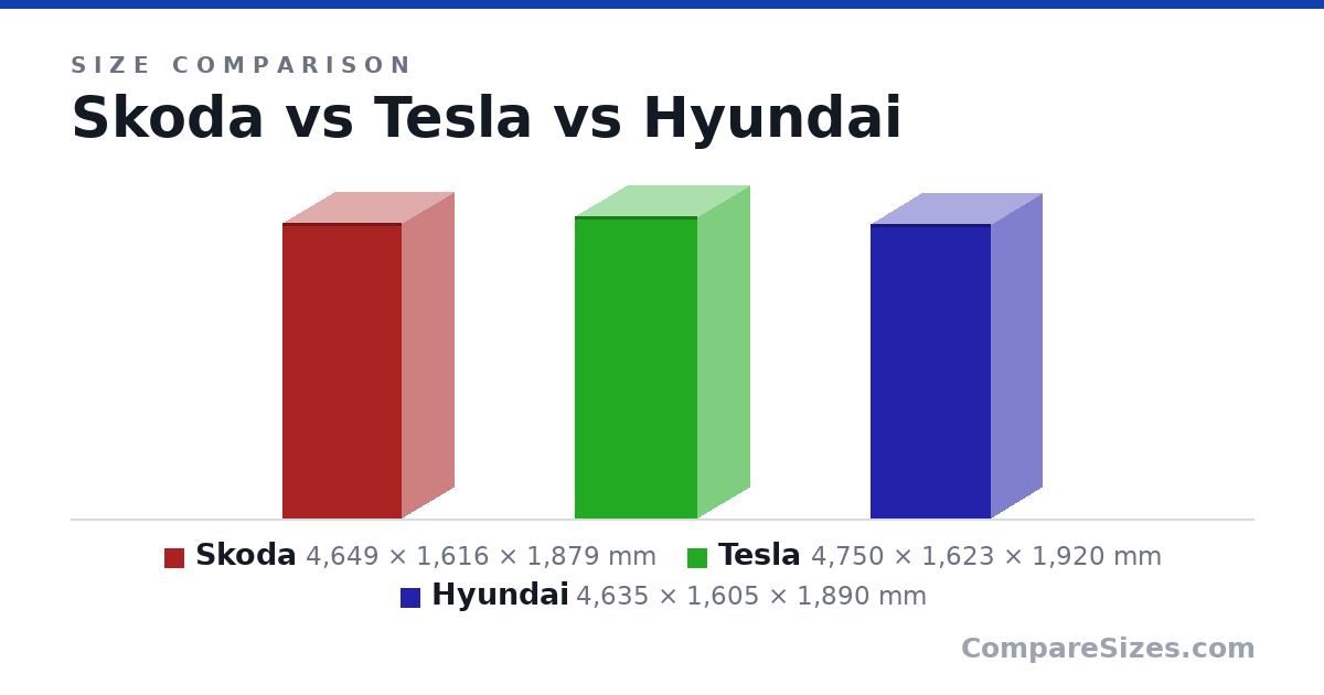 Size comparison of Skoda (4,649 × 1,616 × 1,879 mm), Tesla (4,750 × 1,623 × 1,920 mm) and Hyundai (4,635 × 1,605 × 1,890 mm), drawn to scale