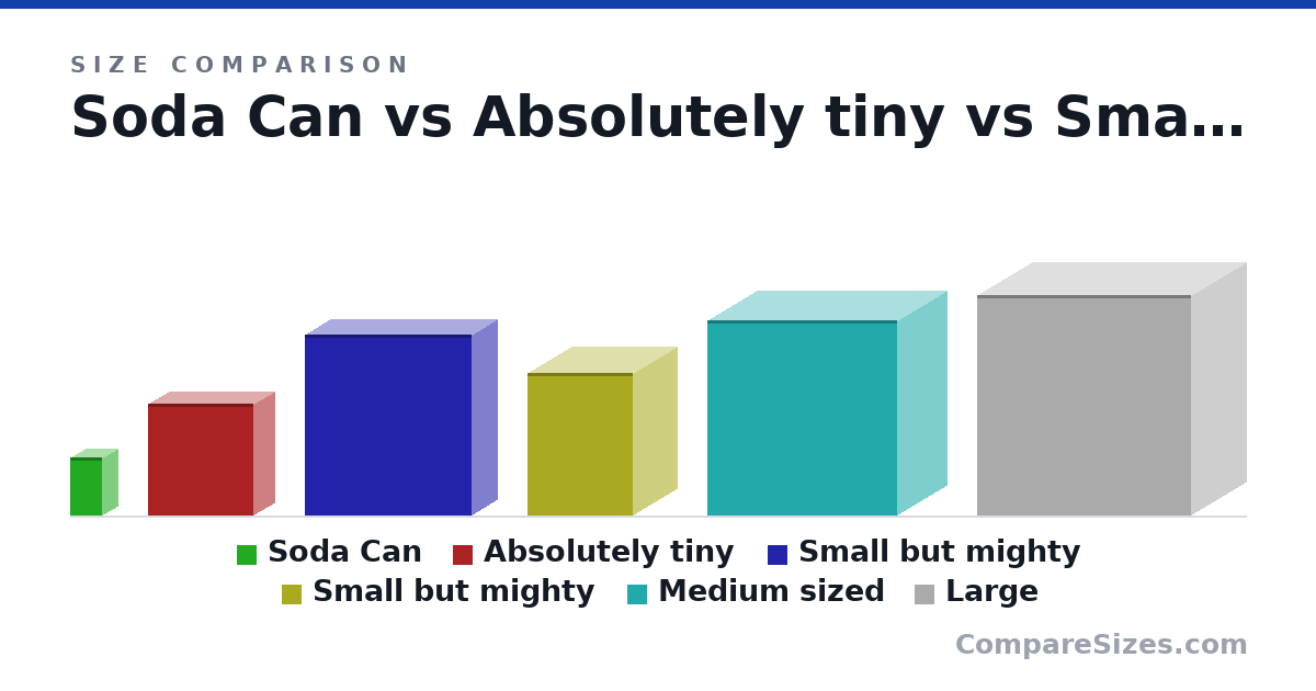 Size comparison of Soda Can (123 × 66.0 × 66.0 mm), Absolutely tiny (235 × 90.0 × 221 mm), Small but mighty (382 × 105 × 350 mm), Small but mighty (300 × 183 × 222 mm), Medium sized (410 × 210 × 400 mm) and Large (463 × 231 × 450 mm), drawn to scale