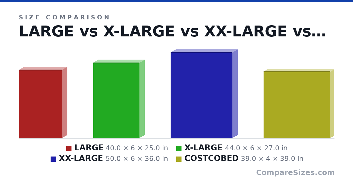 Size comparison of LARGE (40.0 × 6 × 25.0 in), X-LARGE (44.0 × 6 × 27.0 in), XX-LARGE (50.0 × 6 × 36.0 in) and COSTCOBED (39.0 × 4 × 39.0 in), drawn to scale