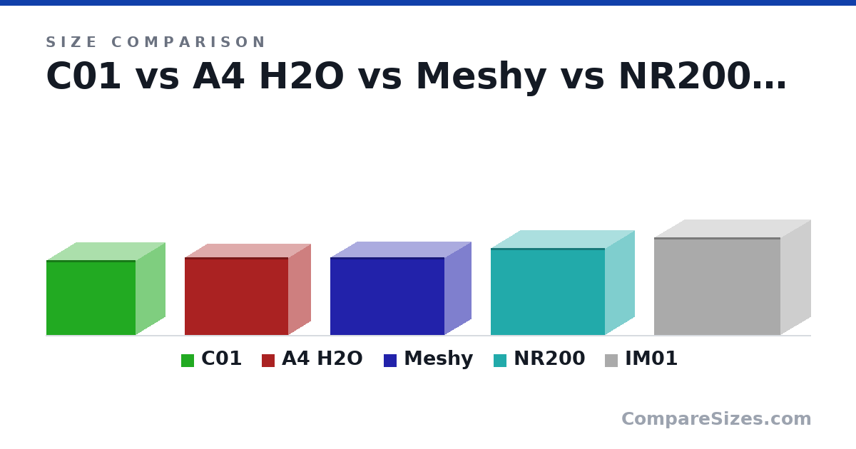 Size comparison of C01 (235 × 185 × 280 mm), A4 H2O (244 × 140 × 326 mm), Meshy (245 × 166 × 360 mm), NR200 (274 × 185 × 360 mm) and IM01 (12.1 × 7.4 × 15.6 in), drawn to scale
