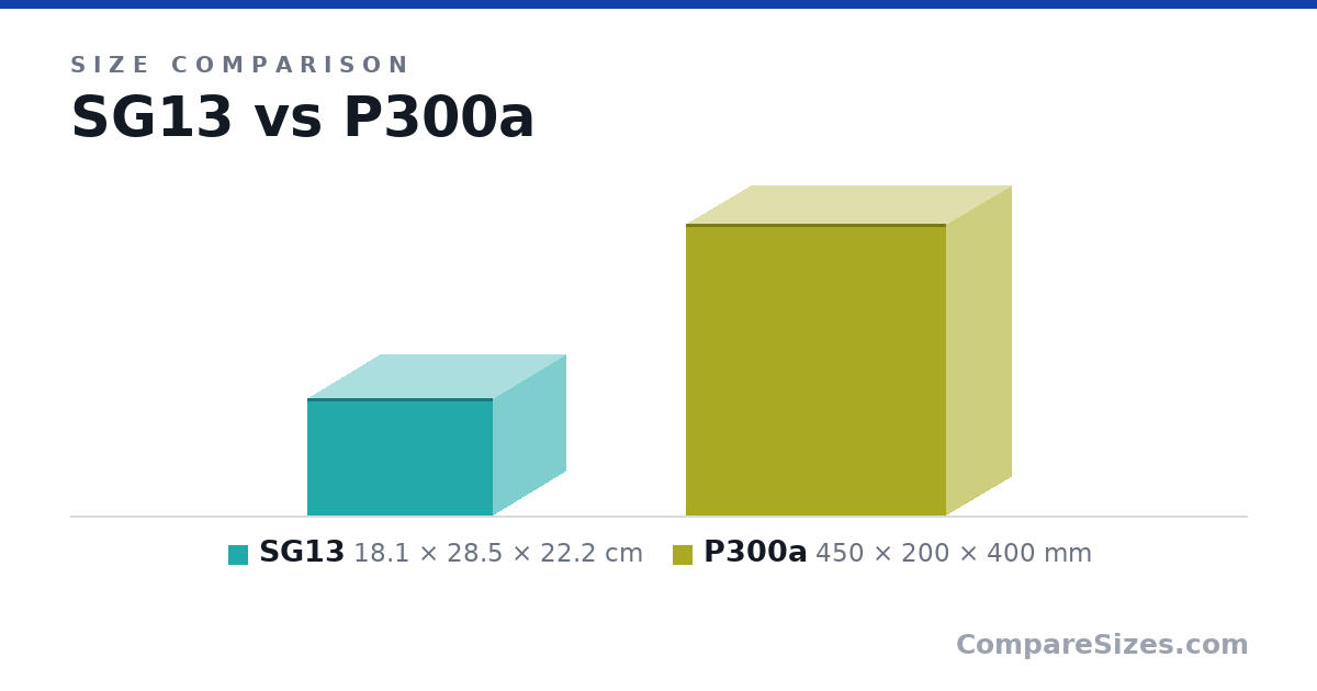 Size comparison of SG13 (18.1 × 28.5 × 22.2 cm) and P300a (450 × 200 × 400 mm), drawn to scale