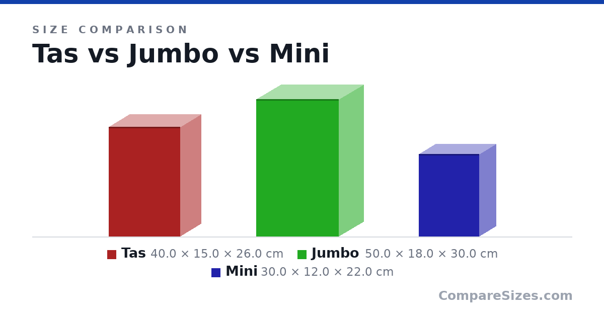 Size comparison of Tas (40.0 × 15.0 × 26.0 cm), Jumbo (50.0 × 18.0 × 30.0 cm) and Mini (30.0 × 12.0 × 22.0 cm), drawn to scale