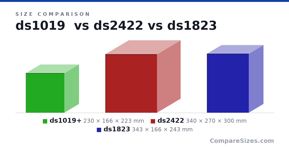 Size comparison of ds1019+ (230 × 166 × 223 mm), ds2422 (340 × 270 × 300 mm) and ds1823 (343 × 166 × 243 mm), drawn to scale