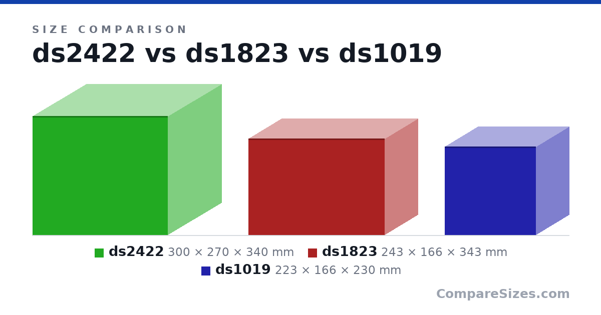 Size comparison of ds2422 (300 × 270 × 340 mm), ds1823 (243 × 166 × 343 mm) and ds1019 (223 × 166 × 230 mm), drawn to scale
