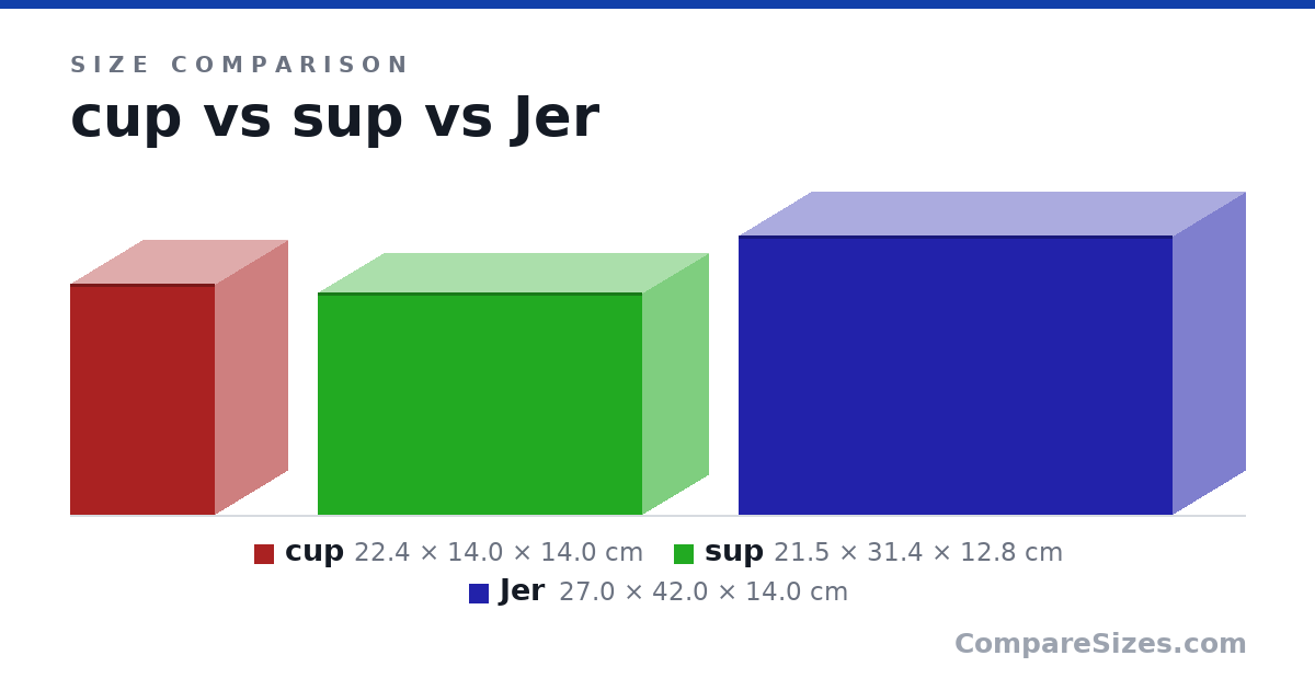 Size comparison of cup (22.4 × 14.0 × 14.0 cm), sup (21.5 × 31.4 × 12.8 cm) and Jer (27.0 × 42.0 × 14.0 cm), drawn to scale