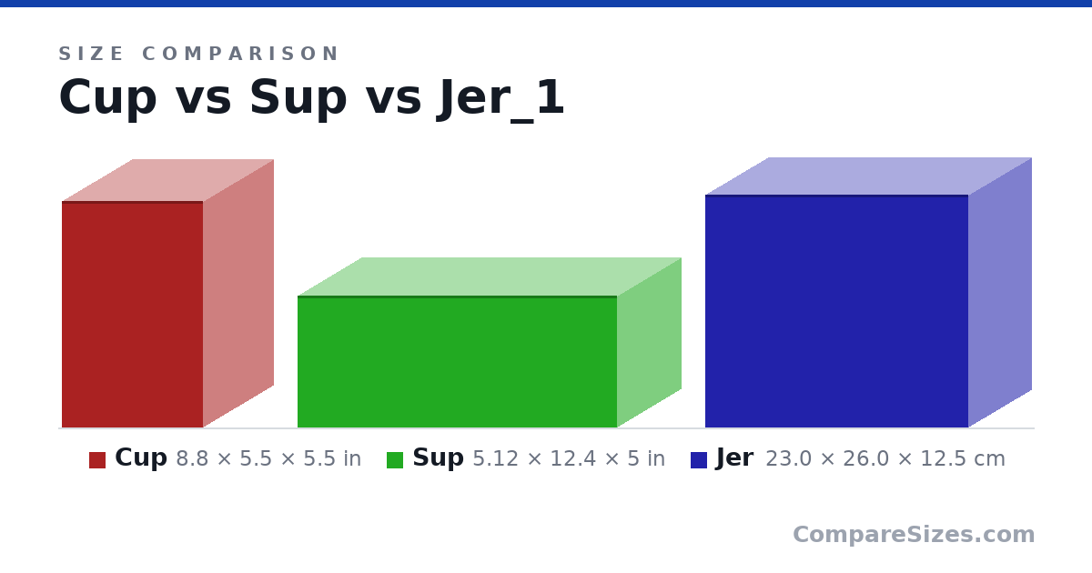 Size comparison of Cup (8.8 × 5.5 × 5.5 in), Sup (5.12 × 12.4 × 5 in) and Jer (23.0 × 26.0 × 12.5 cm), drawn to scale