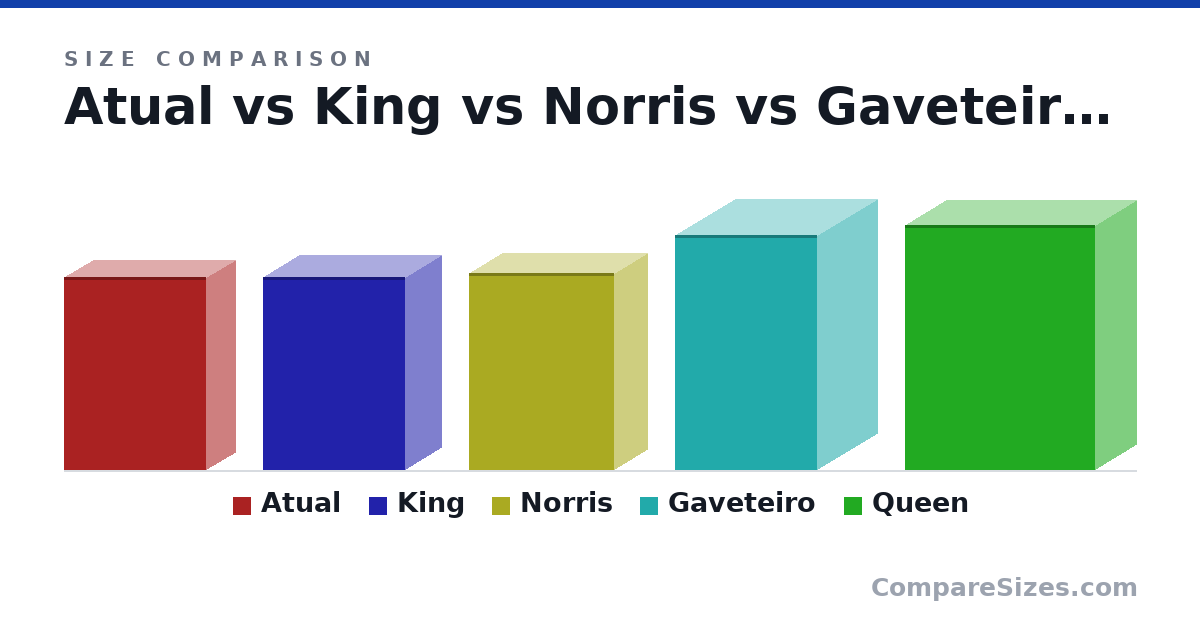 Size comparison of Atual (56.0 × 17.0 × 41.0 cm), King (56.0 × 21.0 × 41.0 cm), Norris (57.0 × 19.0 × 42.0 cm), Gaveteiro (68.0 × 35.0 × 41.0 cm) and Queen (71.0 × 24.0 × 55.0 cm), drawn to scale