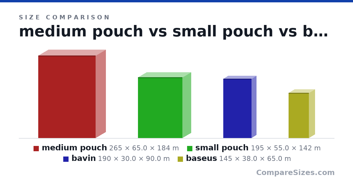 Size comparison of medium pouch (265 × 65.0 × 184 m), small pouch (195 × 55.0 × 142 m), bavin (190 × 30.0 × 90.0 m) and baseus (145 × 38.0 × 65.0 m), drawn to scale