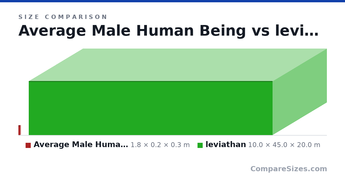 Size comparison of Average Male Human Being (1.8 × 0.2 × 0.3 m) and leviathan (10.0 × 45.0 × 20.0 m), drawn to scale