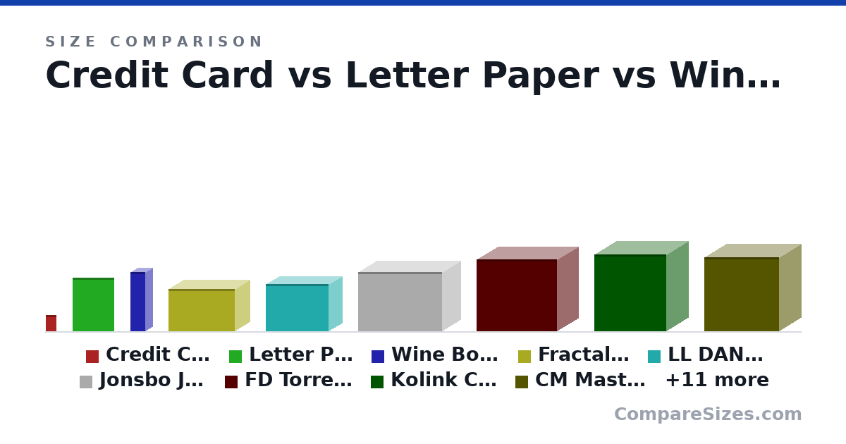 Size comparison of Credit Card (85.6 × 0.76 × 54.0 mm), Letter Paper (279 × 0.05 × 216 mm), Wine Bottle (307 × 76.7 × 76.7 mm), Fractal Design Terra (218 × 153 × 343 mm), LL DAN Cases A4-H2O (244 × 140 × 326 mm), Jonsbo Jonspus i100 Pro (307 × 194 × 435 mm), and 14 more, drawn to scale